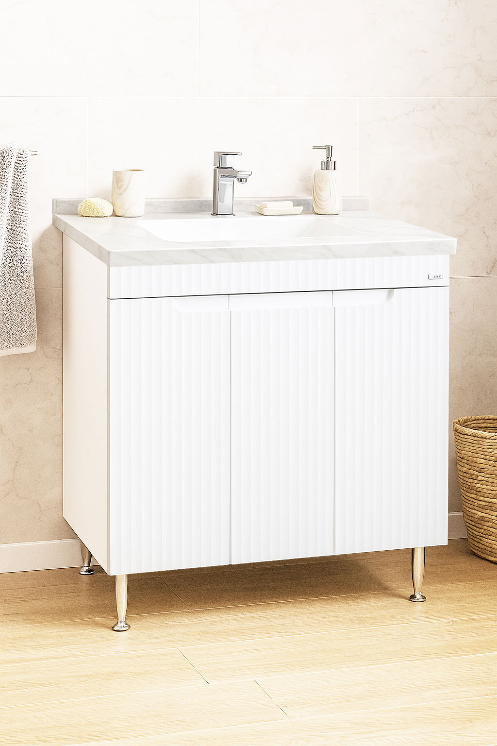 Mobilier Baie MDF și lavoar granit, Seria 833, 80cm, Alb rustic