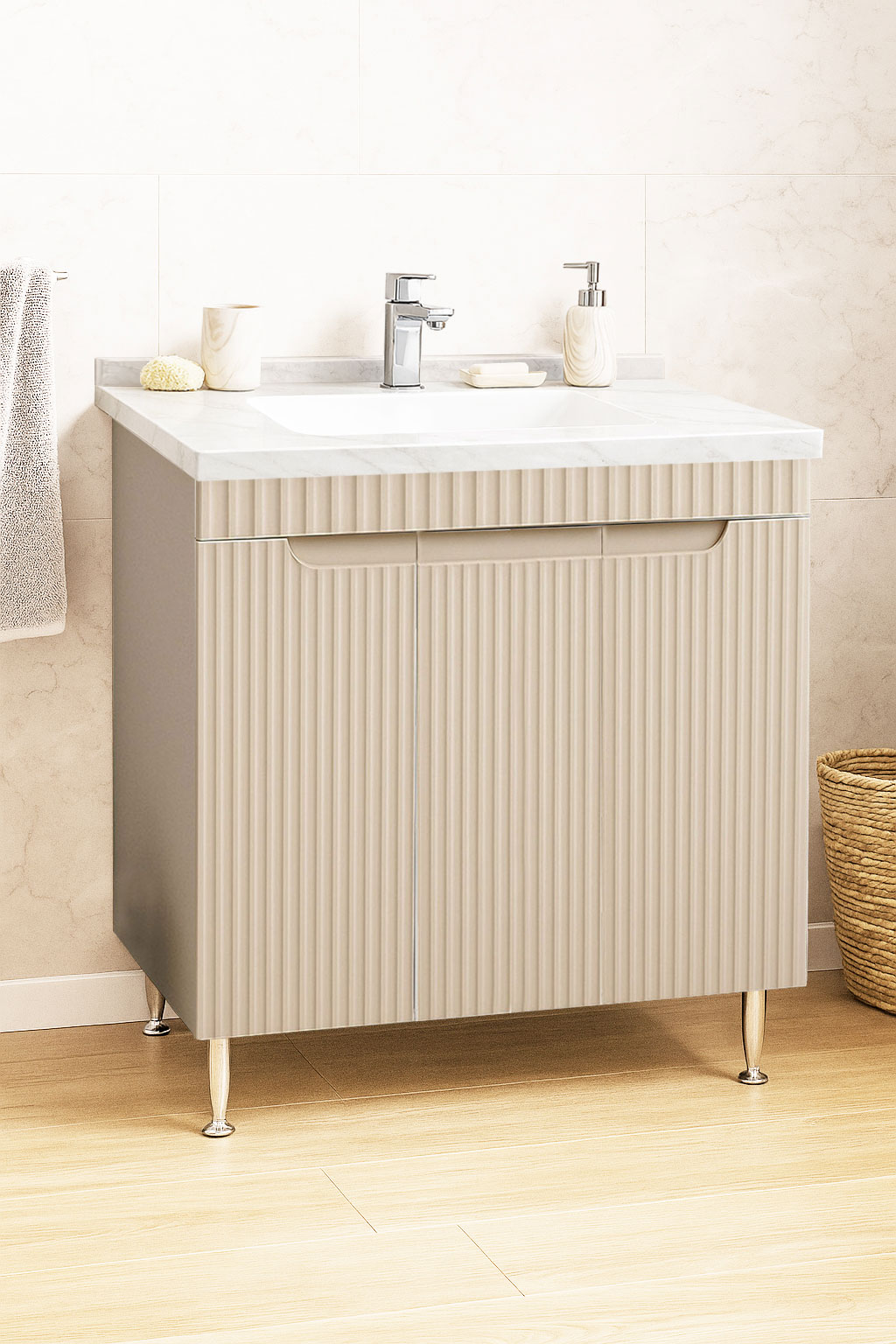 Mobilier Baie MDF și lavoar granit, Seria 833, 80cm, Crem