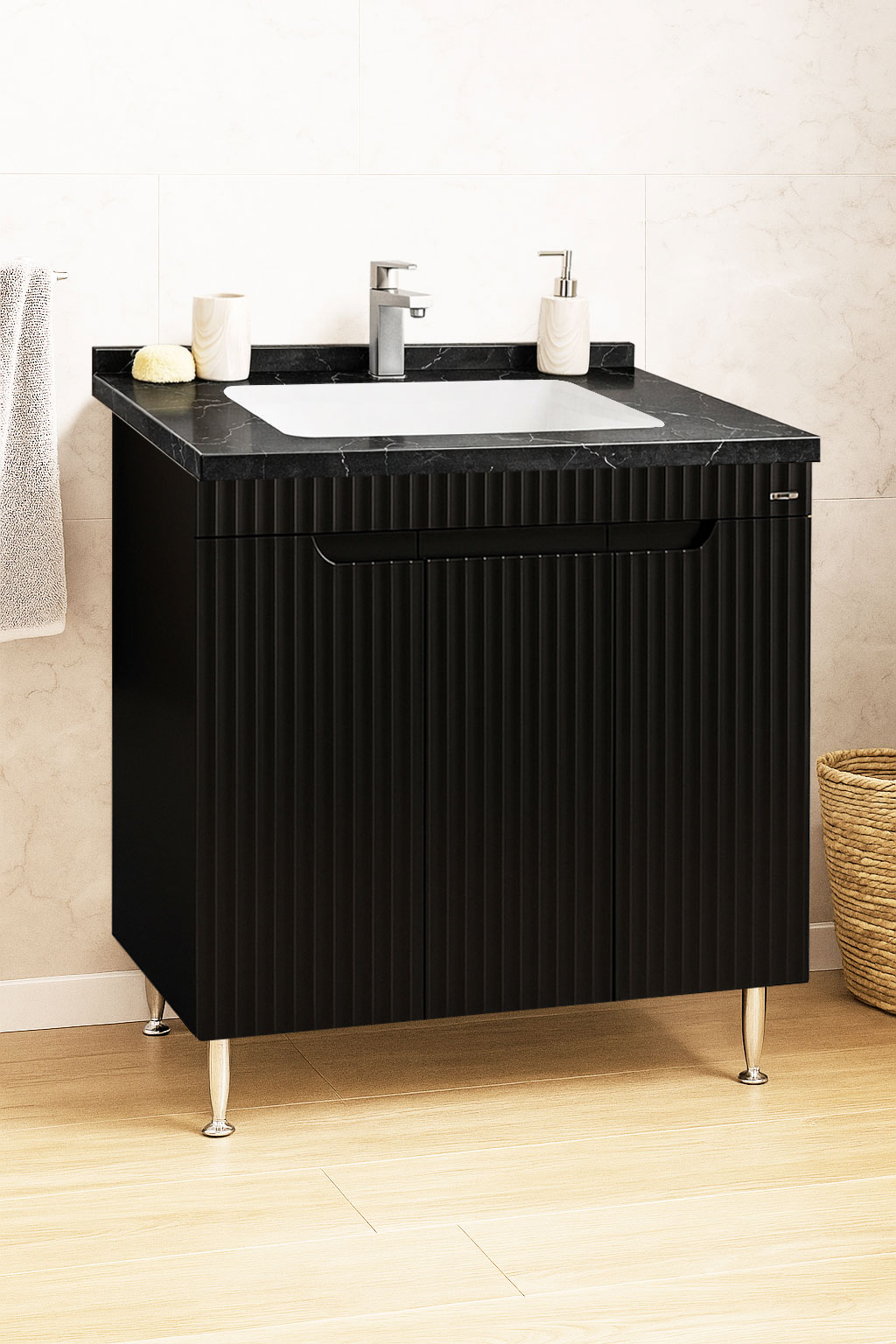 Mobilier Baie MDF și lavoar granit, Seria 833, 80cm, Negru