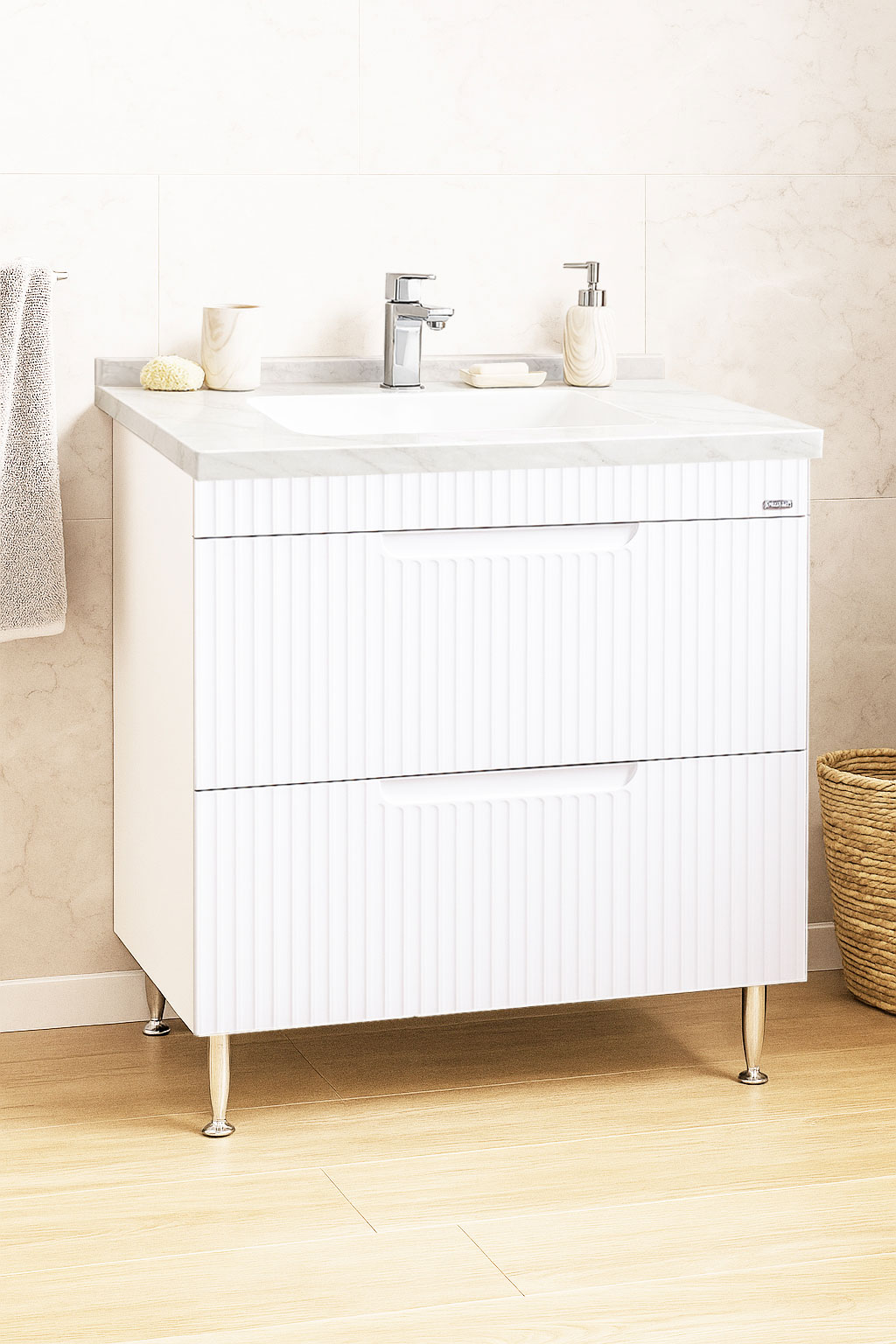 Mobilier Baie MDF și lavoar granit, Seria 833, cu Sertare, 80cm, Alb rustic