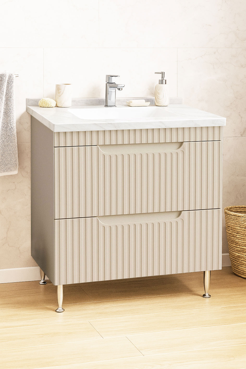 Mobilier Baie MDF și lavoar granit, Seria 833, cu Sertare, 80cm, Crem