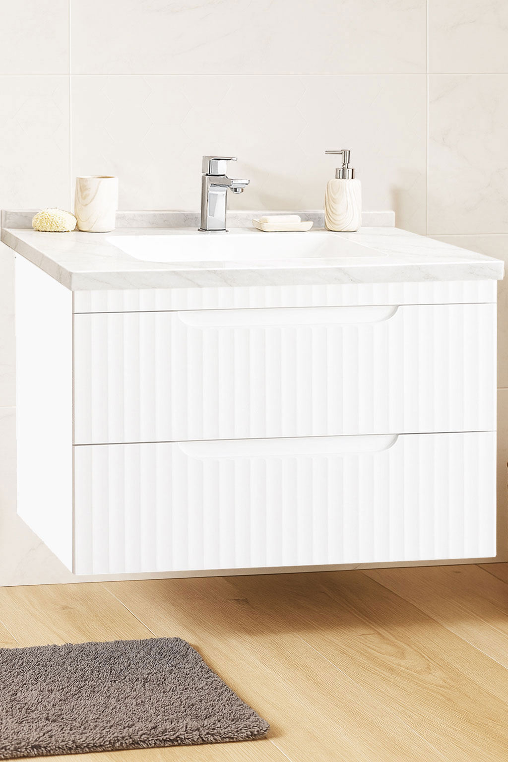 Mobilier Baie MDF și lavoar granit, Seria 833, Suspendat, Sertare, 80cm, Alb rustic