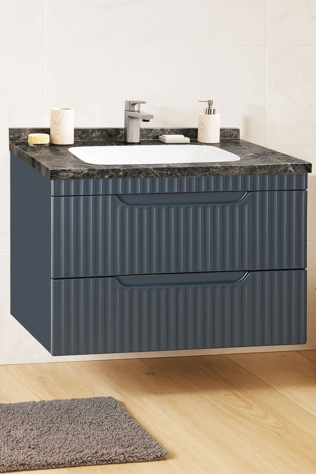 Mobilier Baie MDF și lavoar granit, Seria 833, Suspendat, Sertare, 80cm, Antracit