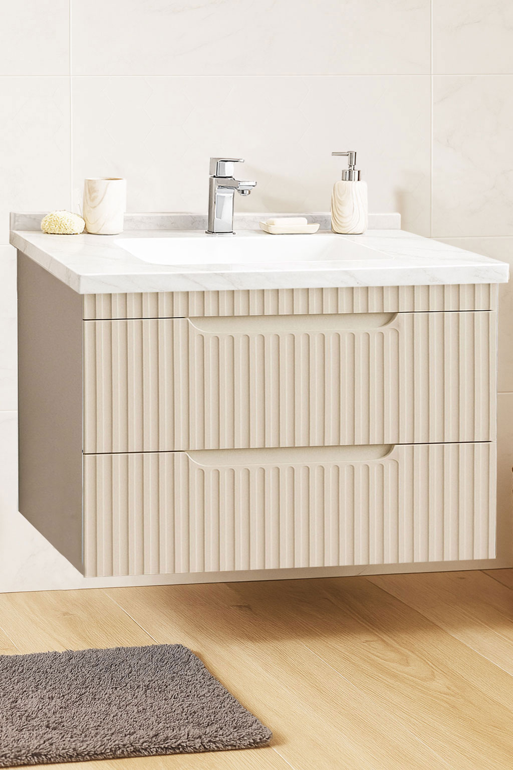 Mobilier Baie MDF și lavoar granit, Seria 833, Suspendat, Sertare, 80cm, Crem