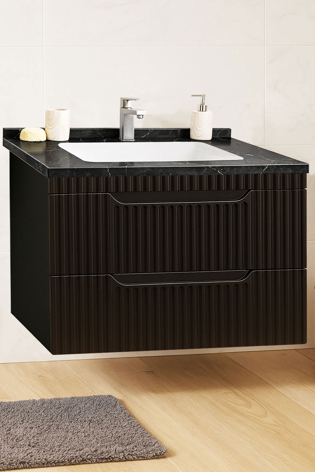 Mobilier Baie MDF și lavoar granit, Seria 833, Suspendat, Sertare, 80cm, Negru