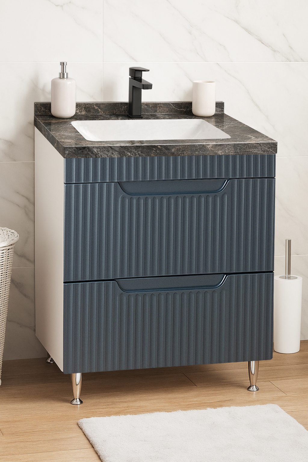 Mobilier Baie MDF Kit și lavoar granit, Seria 833, cu Sertare, 60cm, Antracit