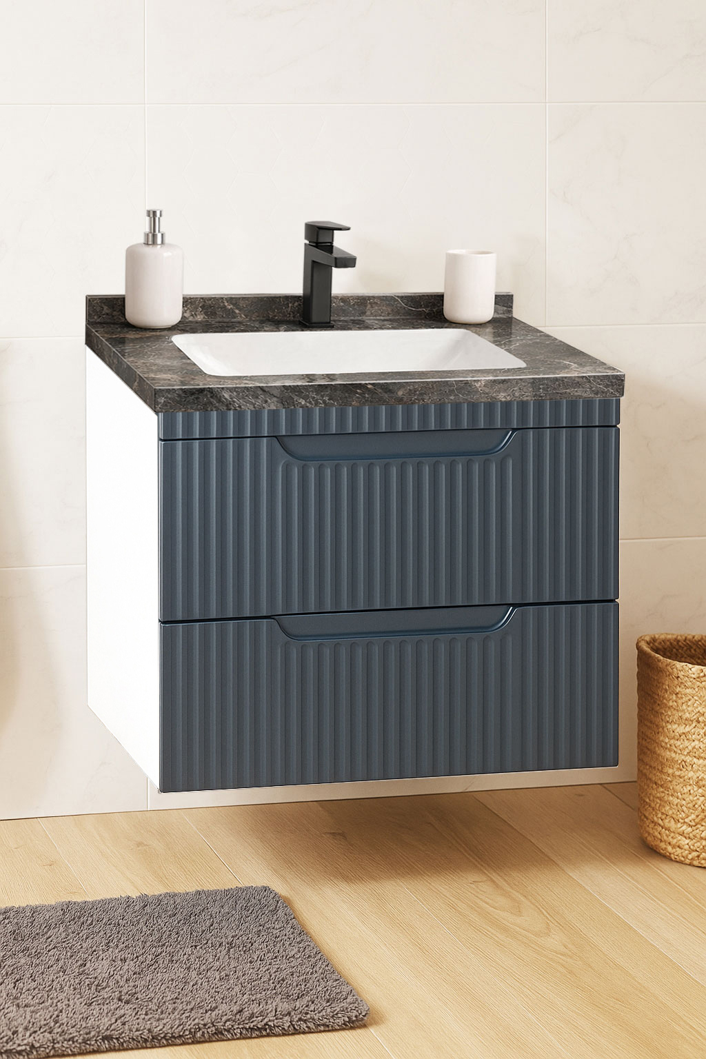 Mobilier Baie MDF Kit și lavoar granit, Seria 833, Suspendat, Sertare, 60cm, Antracit