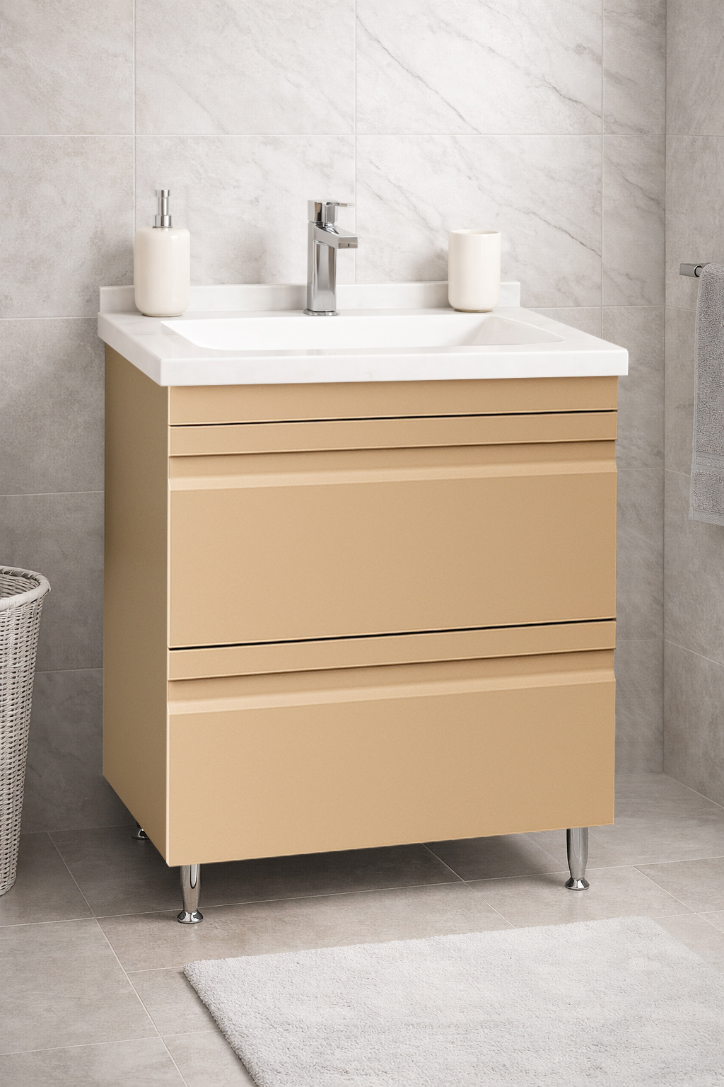 Mobilier Baie MDF și lavoar Dubai, Seria 886, Sertare, 60cm, Cappuccino