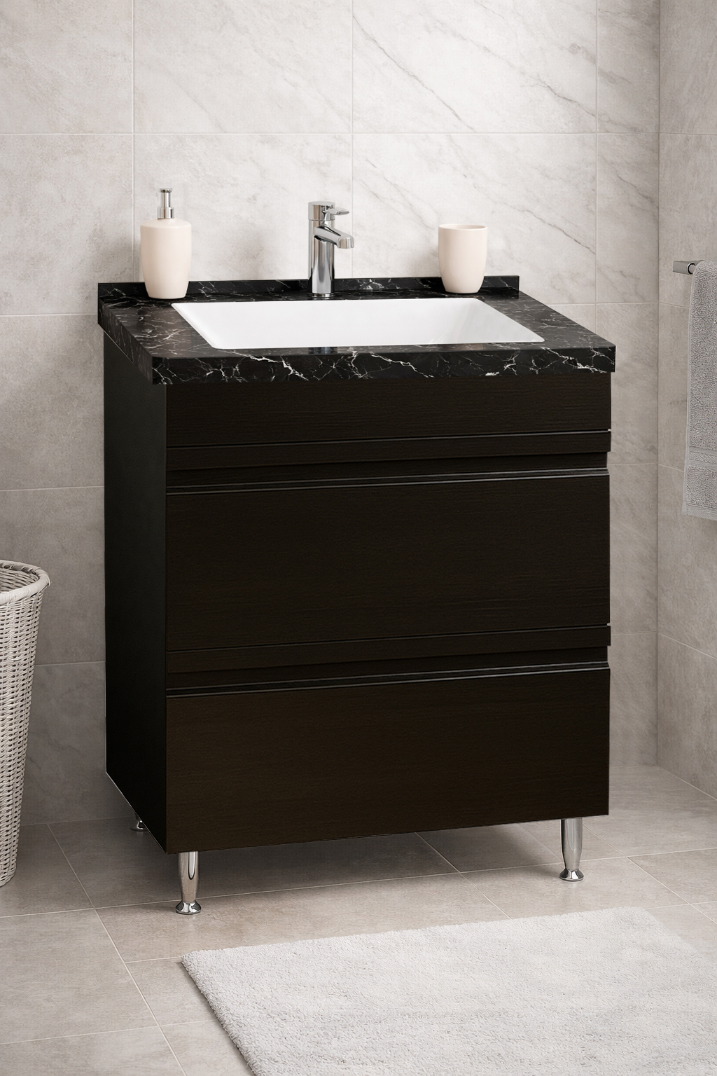 Mobilier Baie MDF și lavoar Dubai, Seria 886, Sertare, 60cm, Negru