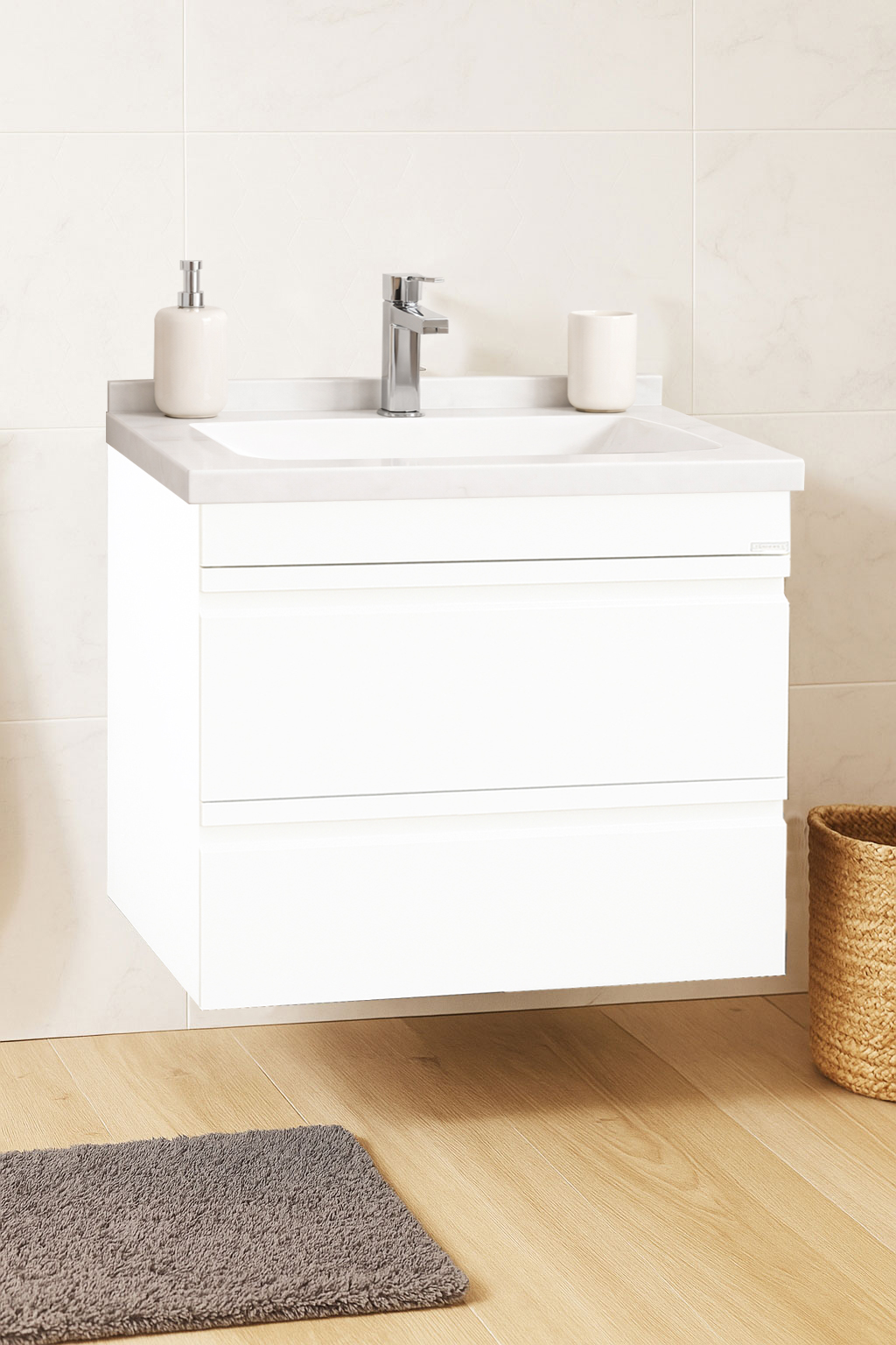 Mobilier Baie MDF și lavoar Dubai, Seria 886, Suspendat cu Sertare, 60cm, Alb