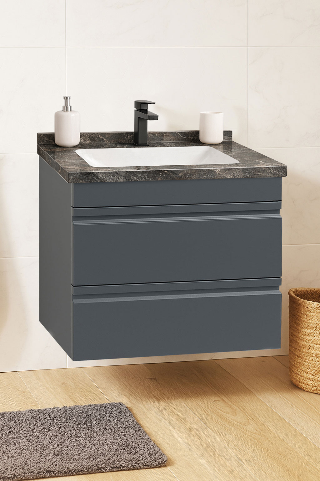 Mobilier Baie MDF și lavoar Dubai, Seria 886, Suspendat cu Sertare, 60cm, Antracit