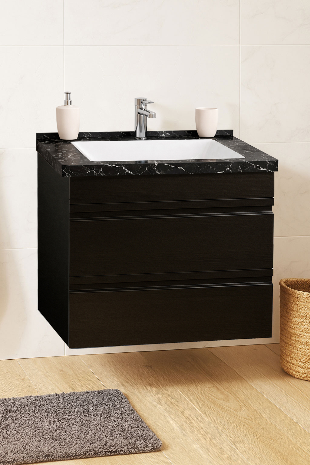 Mobilier Baie MDF și lavoar Dubai, Seria 886, Suspendat cu Sertare, 60cm, Negru