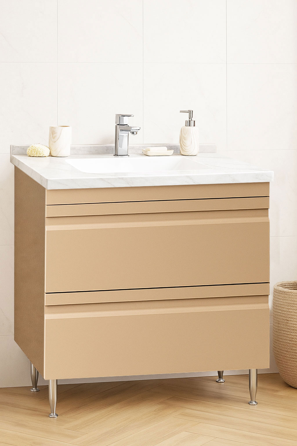 Mobilier Baie MDF și lavoar Dubai, Seria 886, Sertare, 80cm, Cappuccino