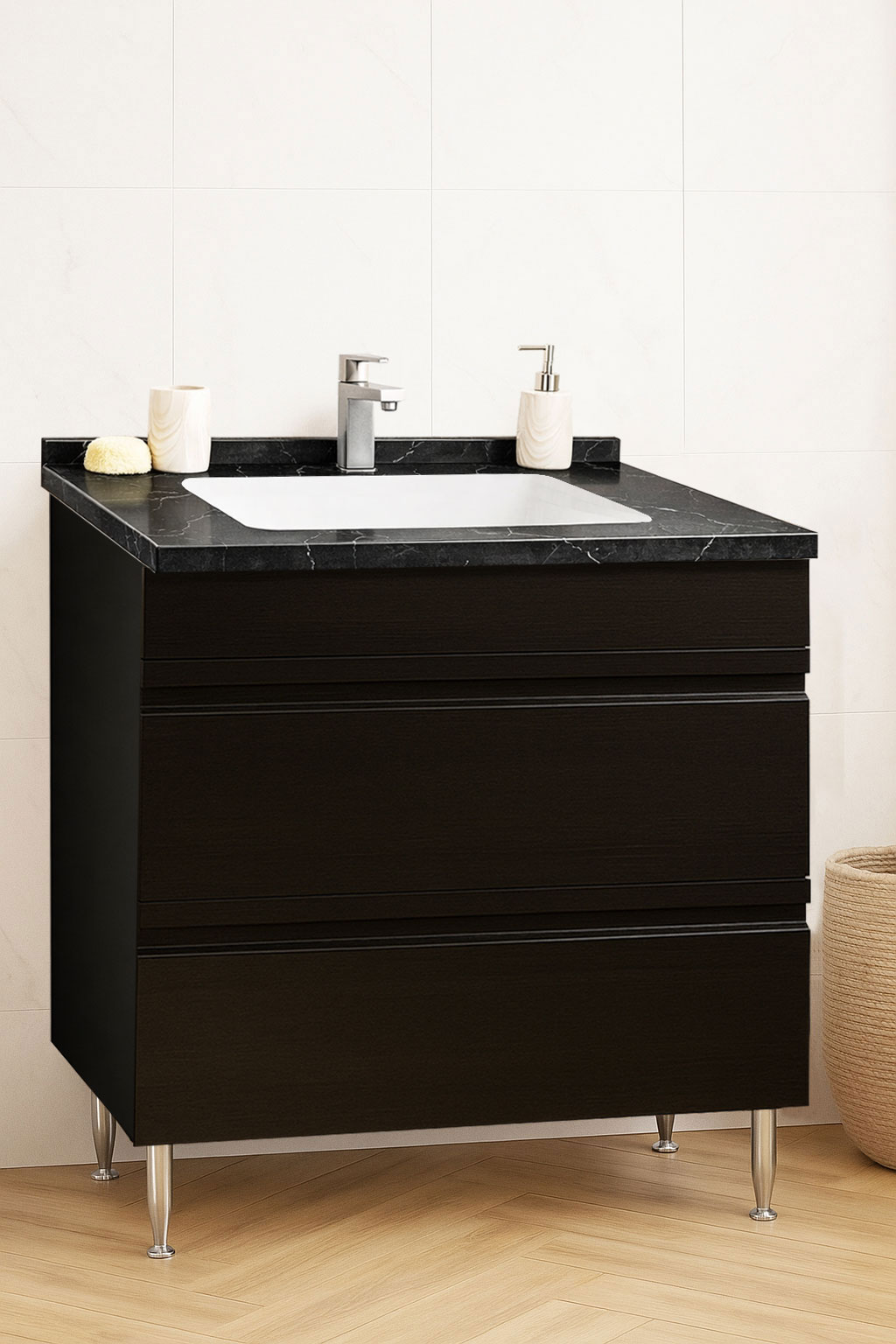 Mobilier Baie MDF și lavoar Dubai, Seria 886, Sertare, 80cm, Negru