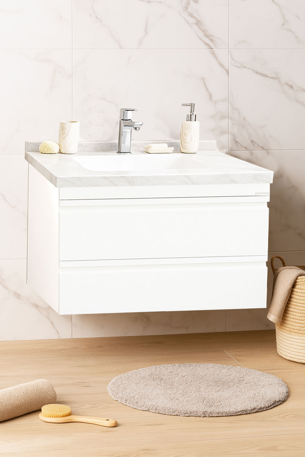 Mobilier Baie MDF și lavoar Dubai, Seria 886, Suspendat cu Sertare, 80cm, Alb