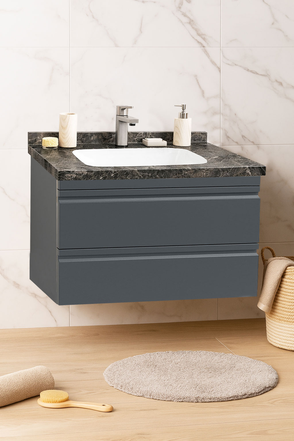 Mobilier Baie MDF și lavoar Dubai, Seria 886, Suspendat cu Sertare, 80cm, Antracit