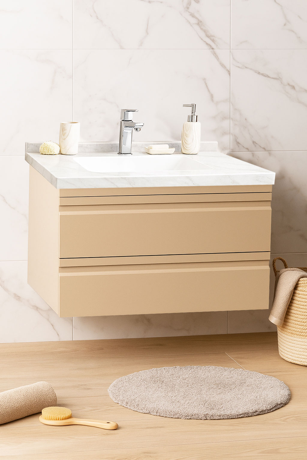 Mobilier Baie MDF și lavoar Dubai, Seria 886, Suspendat cu Sertare, 80cm, Capppuccino