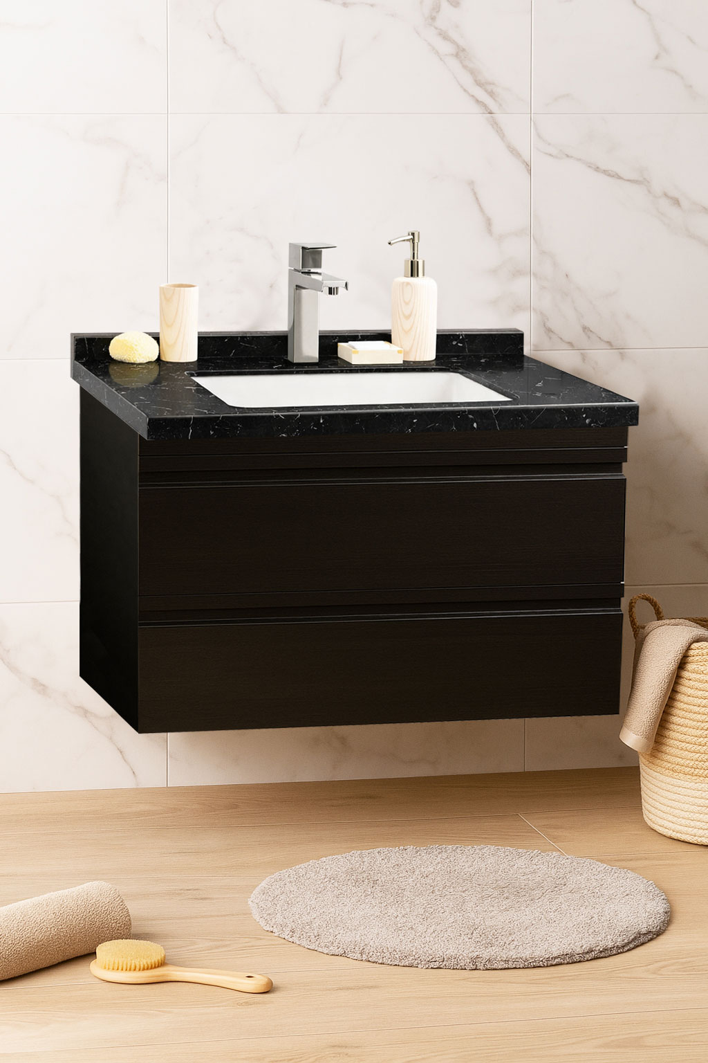Mobilier Baie MDF și lavoar Dubai, Seria 886, Suspendat cu Sertare, 80cm, Negru
