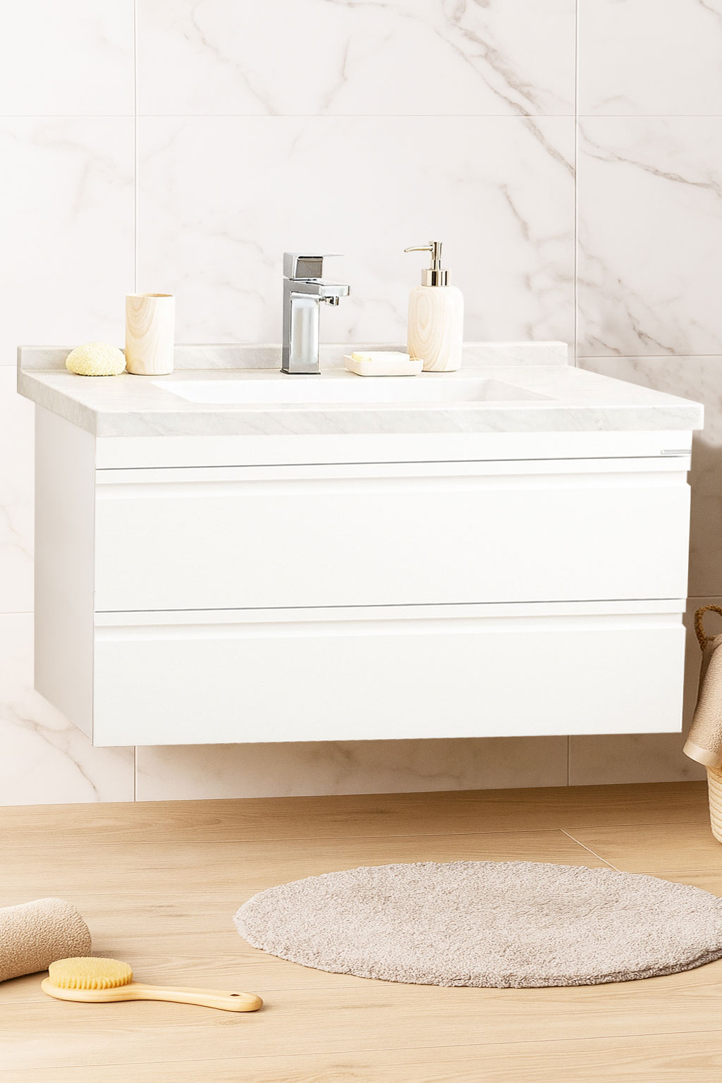 Mobilier Baie MDF și lavoar Dubai, Seria 886, Suspendat cu Sertare, 100cm, Alb