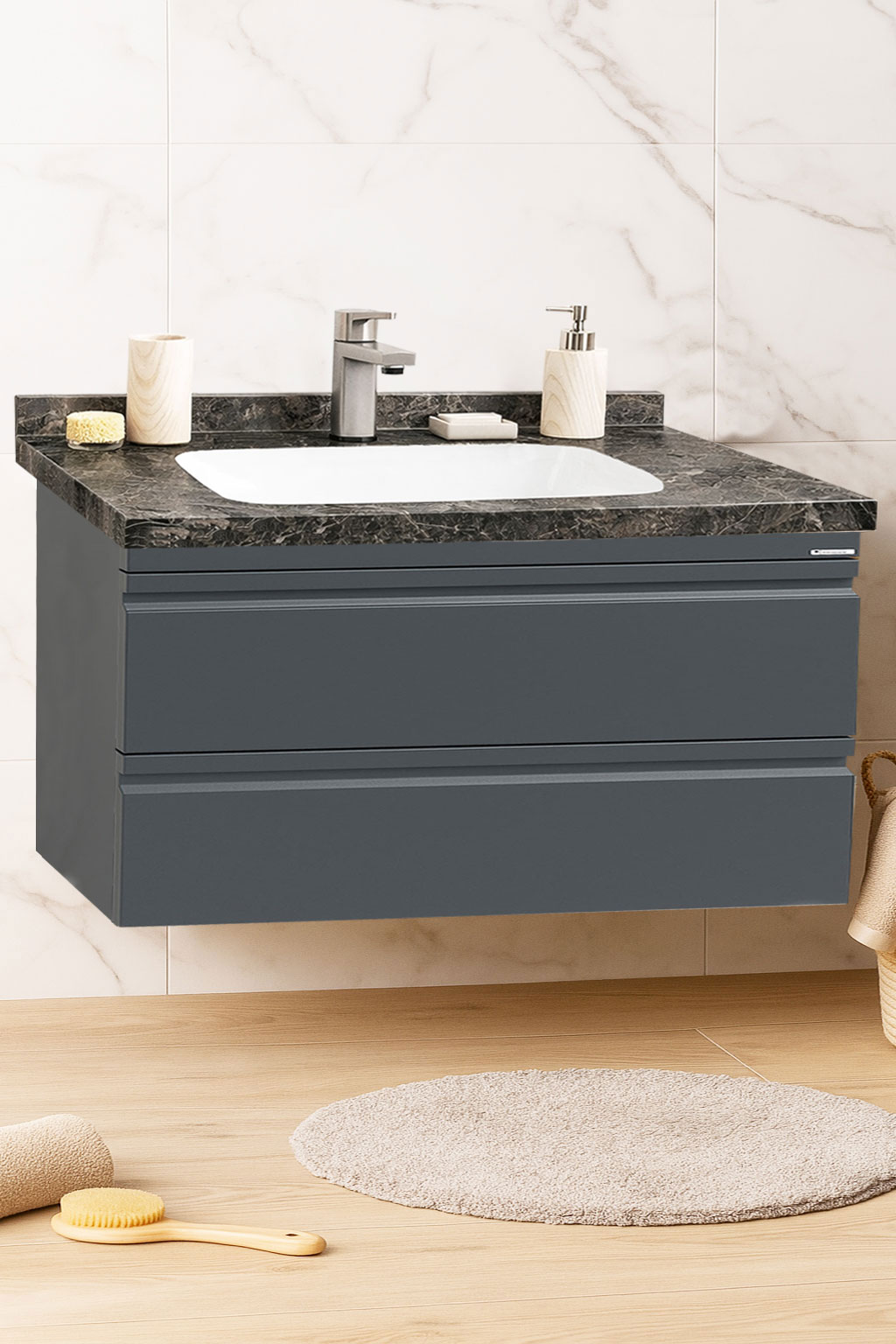 Mobilier Baie MDF și lavoar Dubai, Seria 886, Suspendat cu Sertare, 100cm, Antracit