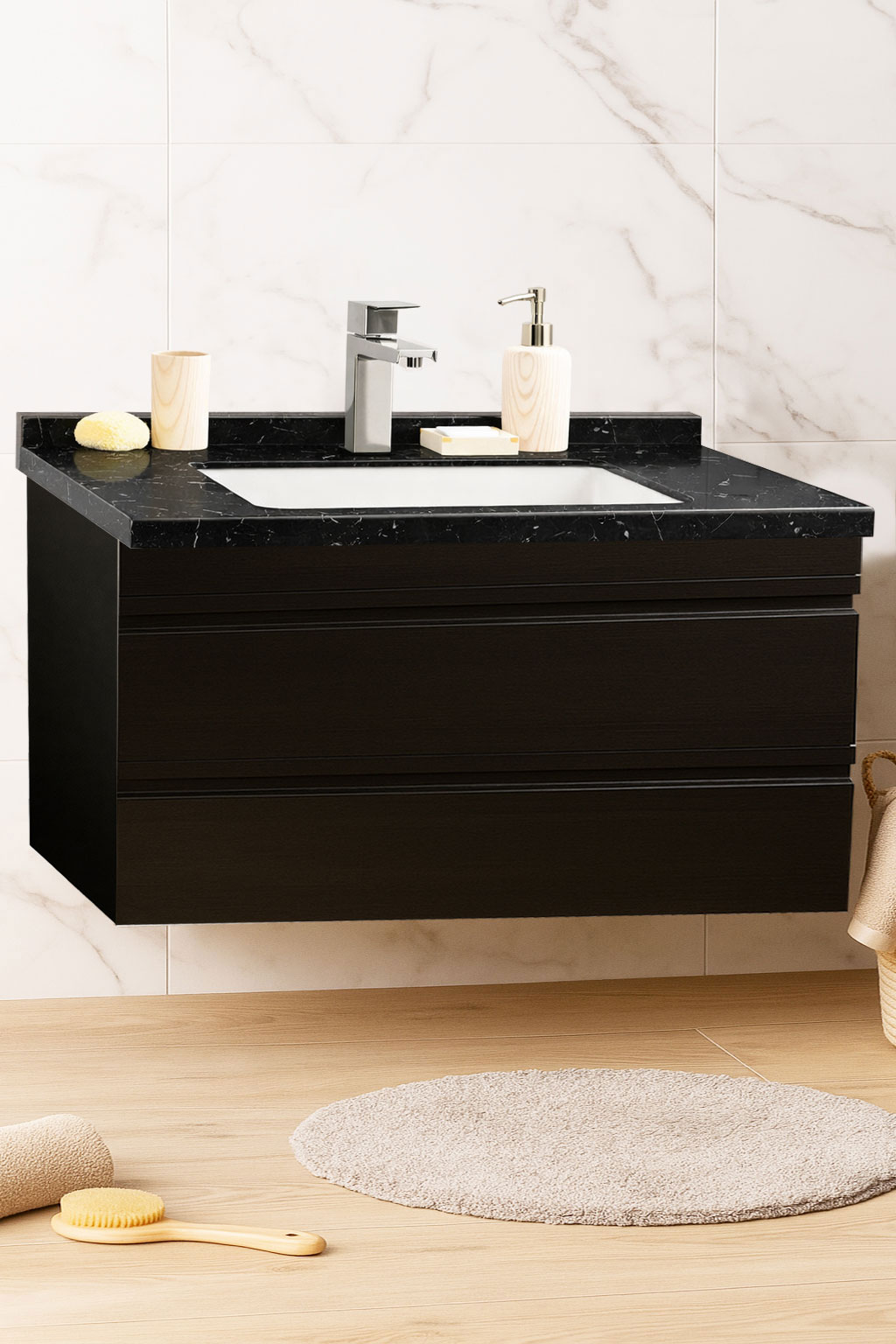 Mobilier Baie MDF și lavoar Dubai, Seria 886, Suspendat cu Sertare, 100cm, Negru