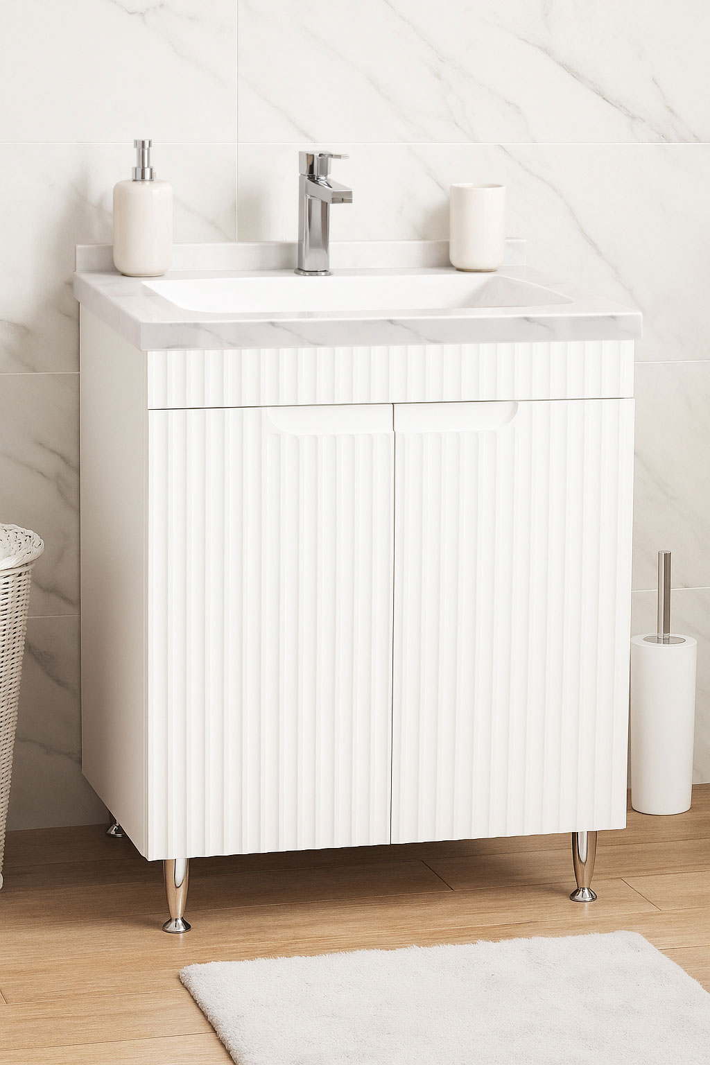 Mobilier Baie MDF kit și lavoar granit, Seria 833, 60cm, Alb rustic