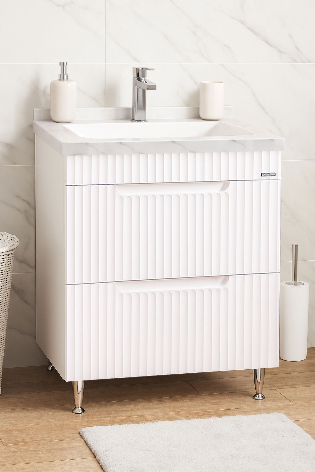 Mobilier Baie MDF și lavoar granit, Seria 833, cu Sertare, 60cm, Alb rustic