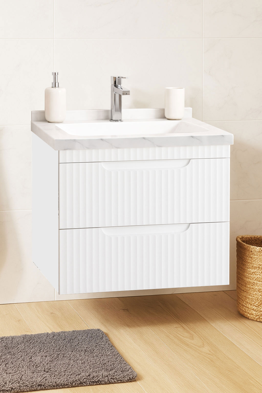 Mobilier Baie MDF Kit și lavoar granit, Seria 833, Suspendat, Sertare, 60cm, Alb rustic