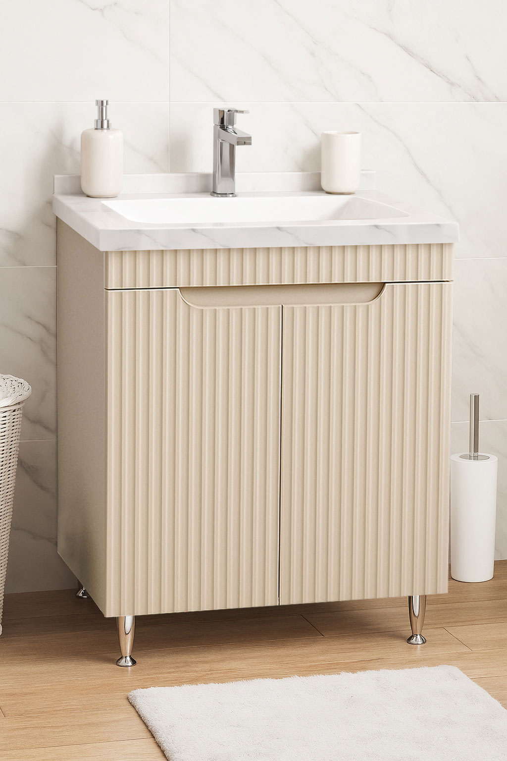 Mobilier Baie MDF și lavoar granit, Seria 833, 60cm, Crem