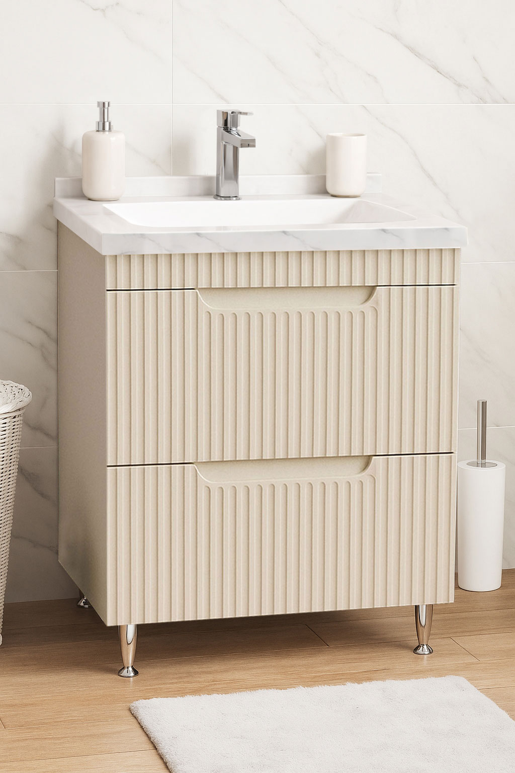 Mobilier Baie MDF și lavoar granit, Seria 833, cu Sertare, 60cm, Crem