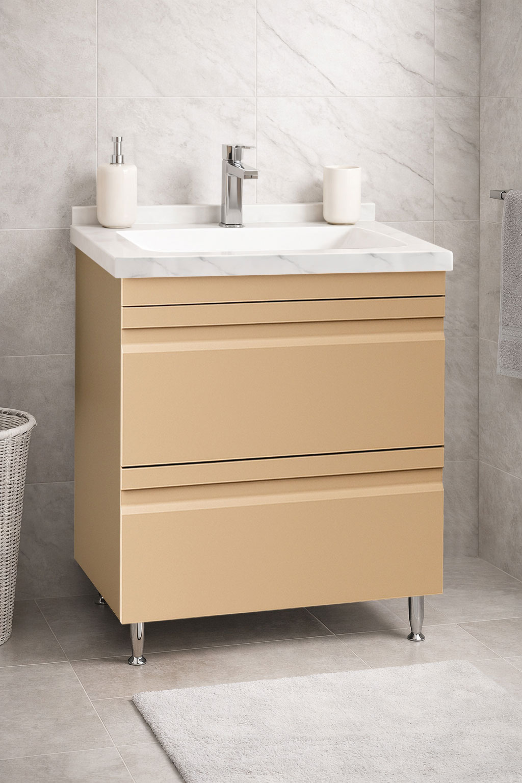 Mobilier Baie MDF și lavoar Dubai, Seria 886, Sertare, 60cm, Cappuccino