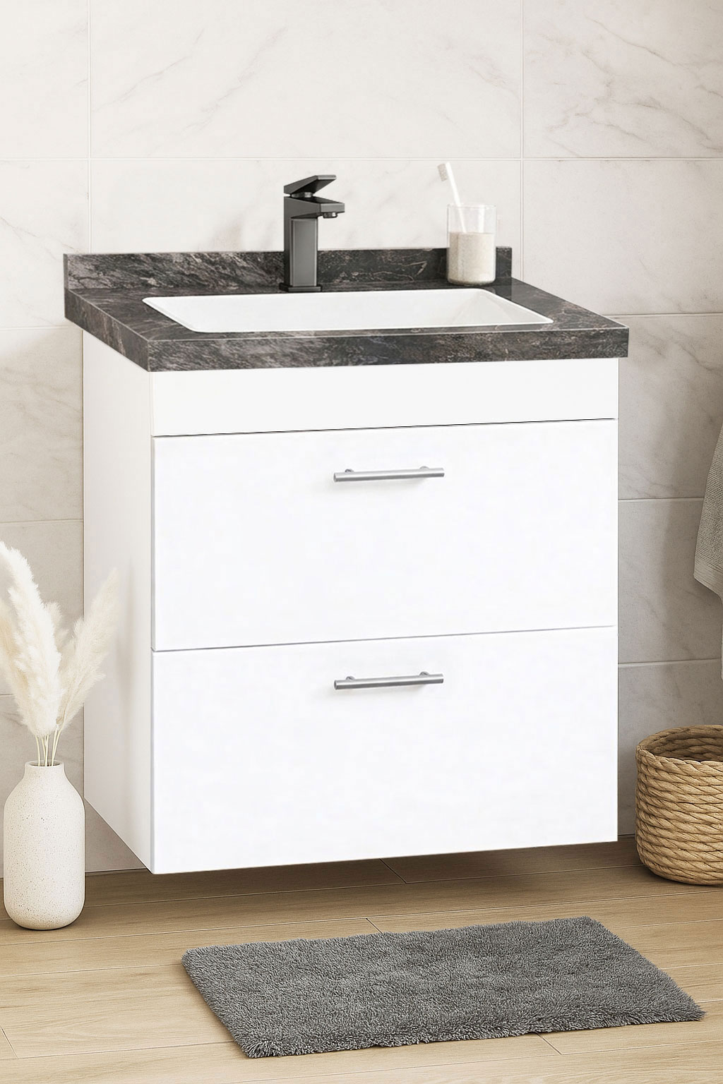 Mobilier Baie kit și lavoar Dubai antracit, Seria 867, Suspendat cu Sertare, 60cm, Alb