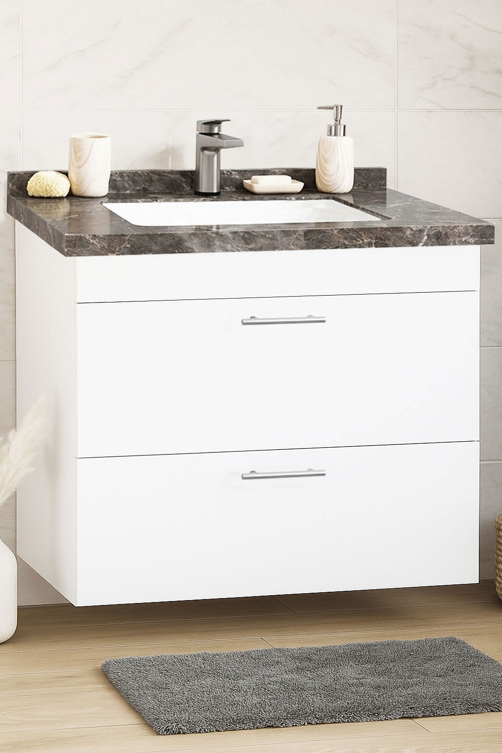 Mobilier Baie kit și lavoar Dubai antracit, Seria 867, Suspendat cu Sertare, 80cm, Alb