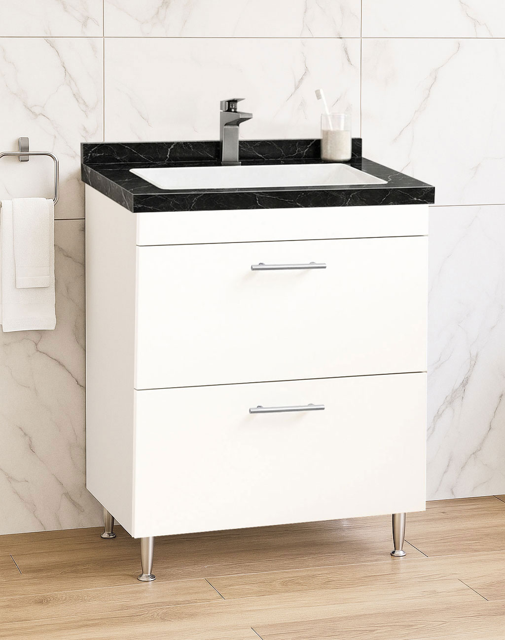 Mobilier Baie kit și lavoar Dubai negru, Seria 867, cu Sertare, 60cm, Alb