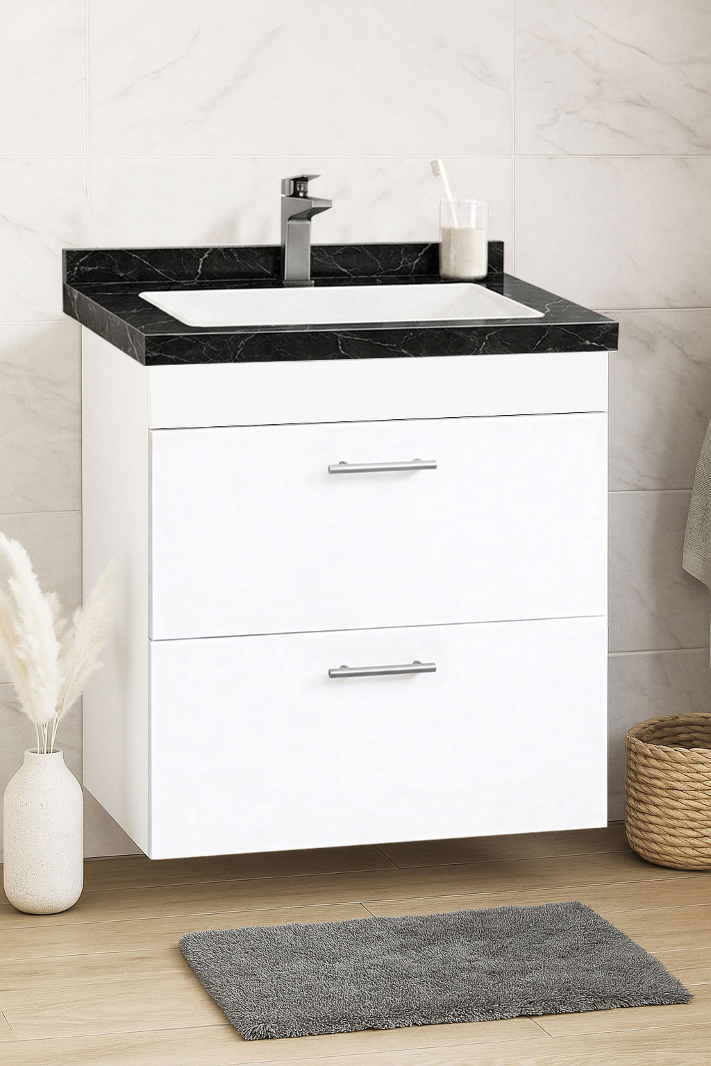 Mobilier Baie kit și lavoar Dubai negru, Seria 867, Suspendat cu Sertare, 60cm, Alb