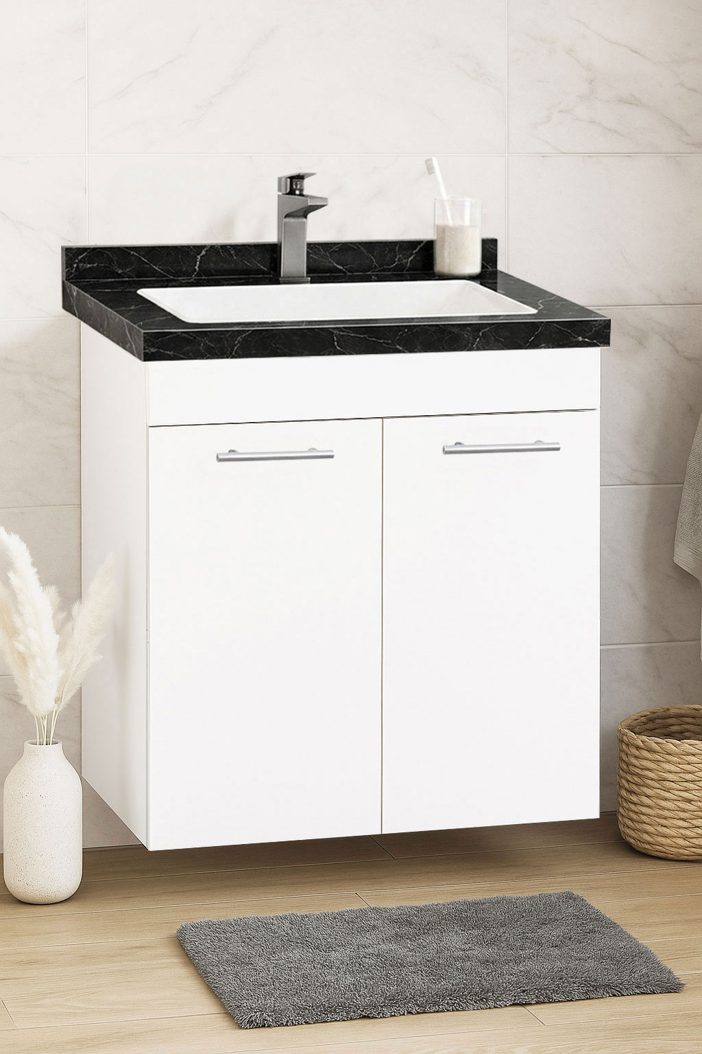 Mobilier Baie și lavoar Dubai negru, Seria 867, Suspendat, 2 uși, 60cm, Alb