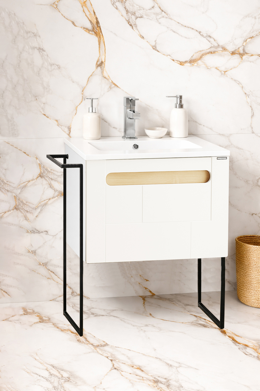 Mobilier Baie și lavoar, Seria 032, Cadru metalic, cu Sertare, 60cm, Alb/Sonoma