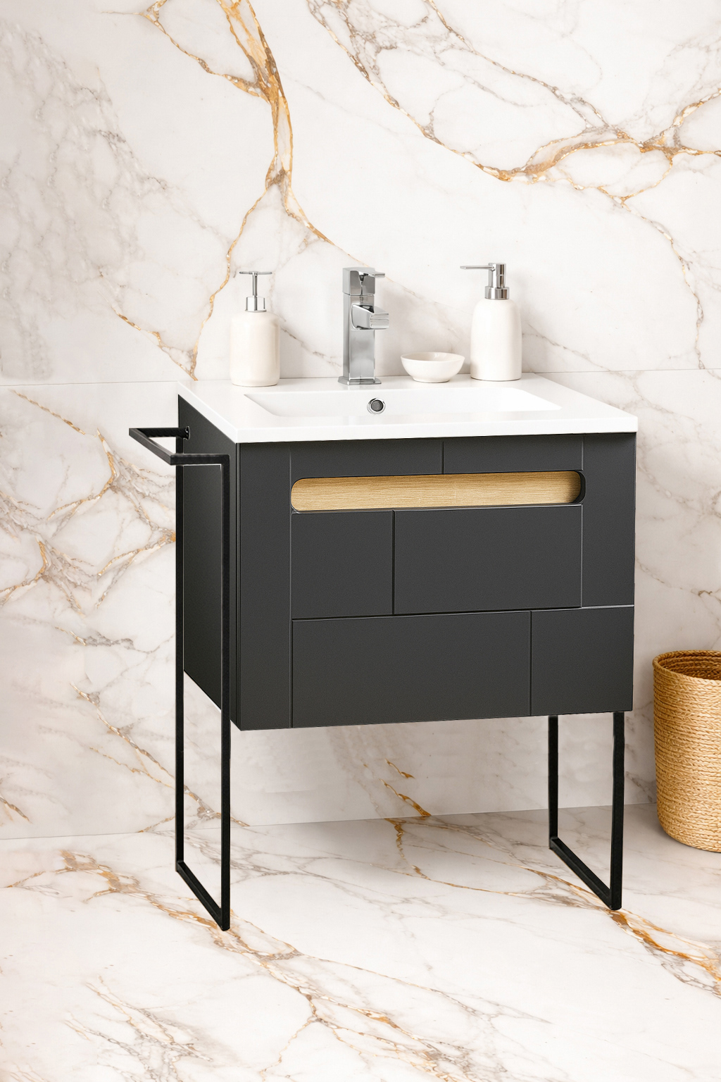 Mobilier Baie și lavoar, Seria 032, Cadru metalic, cu Sertare, 60cm, Antracit/Sonoma