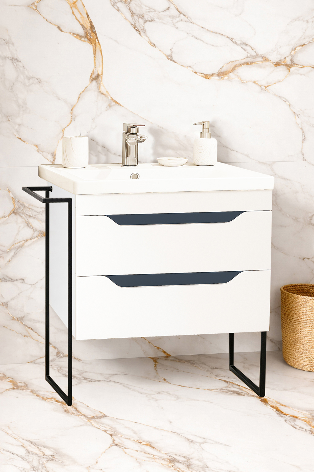 Mobilier Baie MDF Kit și lavoar, Seria 756, Cadru Metalic, cu Sertare, 70cm, Alb/Antracit