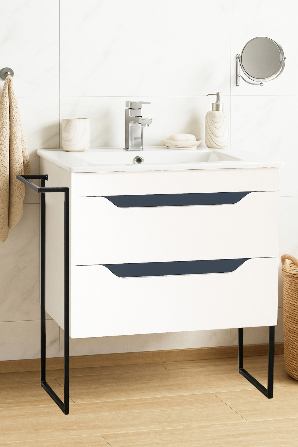 Mobilier Baie MDF Kit și lavoar, Seria 056, Cadru Metalic, cu Sertare, 70cm, Alb/Antracit