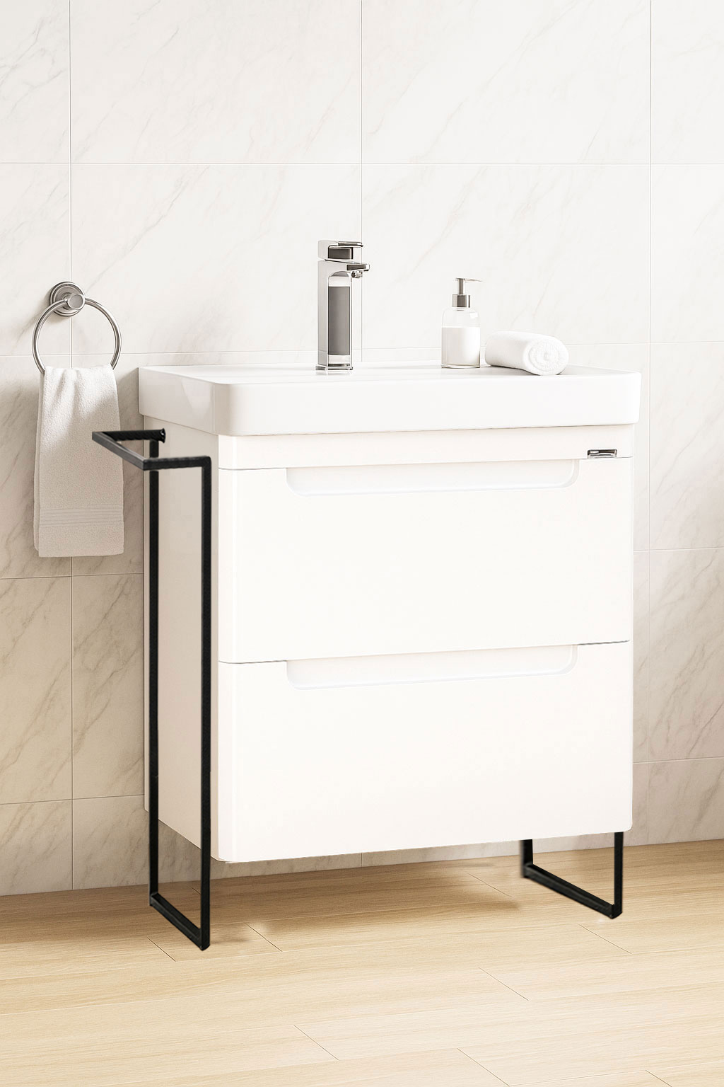 Mobilier Baie MDF și lavoar, Seria 502, Cadru Metalic, 60cm, Alb