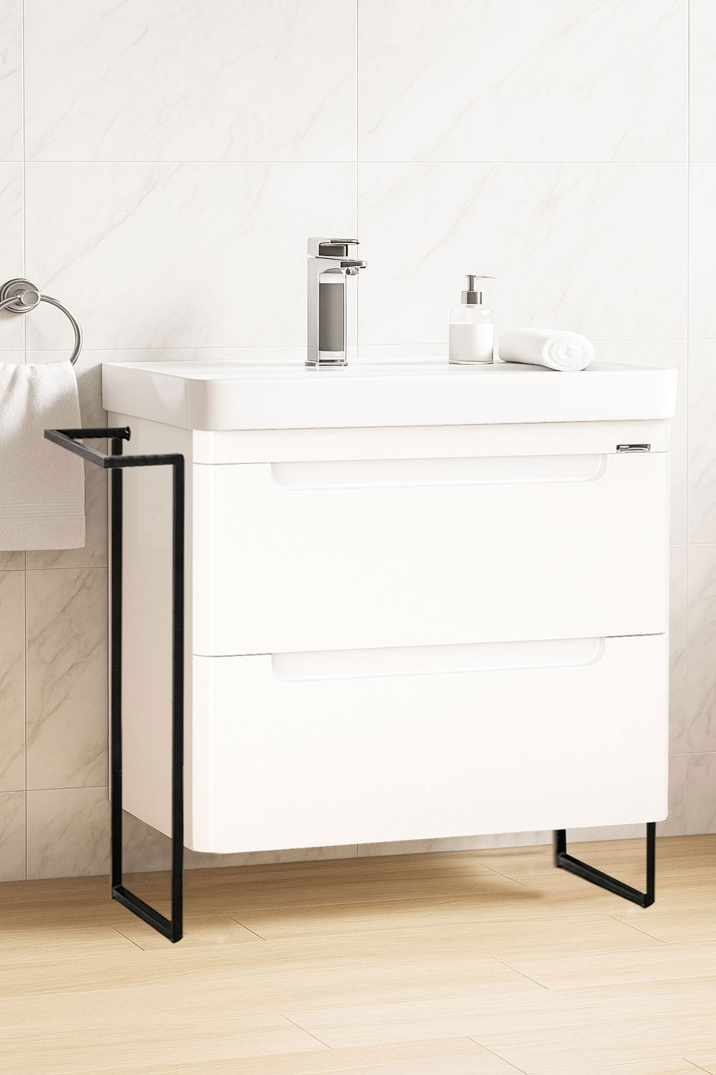 Mobilier Baie MDF și lavoar, Seria 502, Cadru Metalic, 80cm, Alb