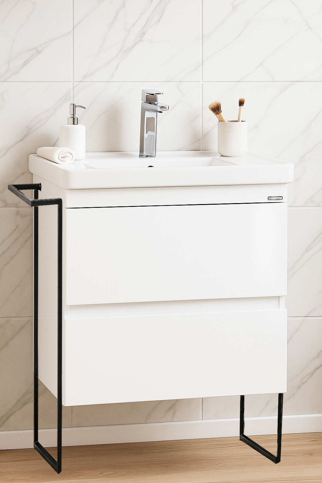 Mobilier Baie MDF și lavoar, Seria 286, Cadru Metalic, cu Sertare, 60cm, Alb