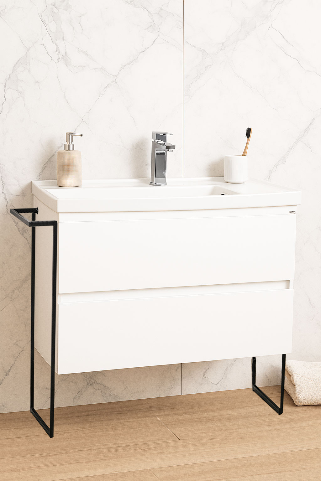 Mobilier Baie MDF și lavoar, Seria 286, Cadru Metalic, cu Sertare, 100cm, Alb