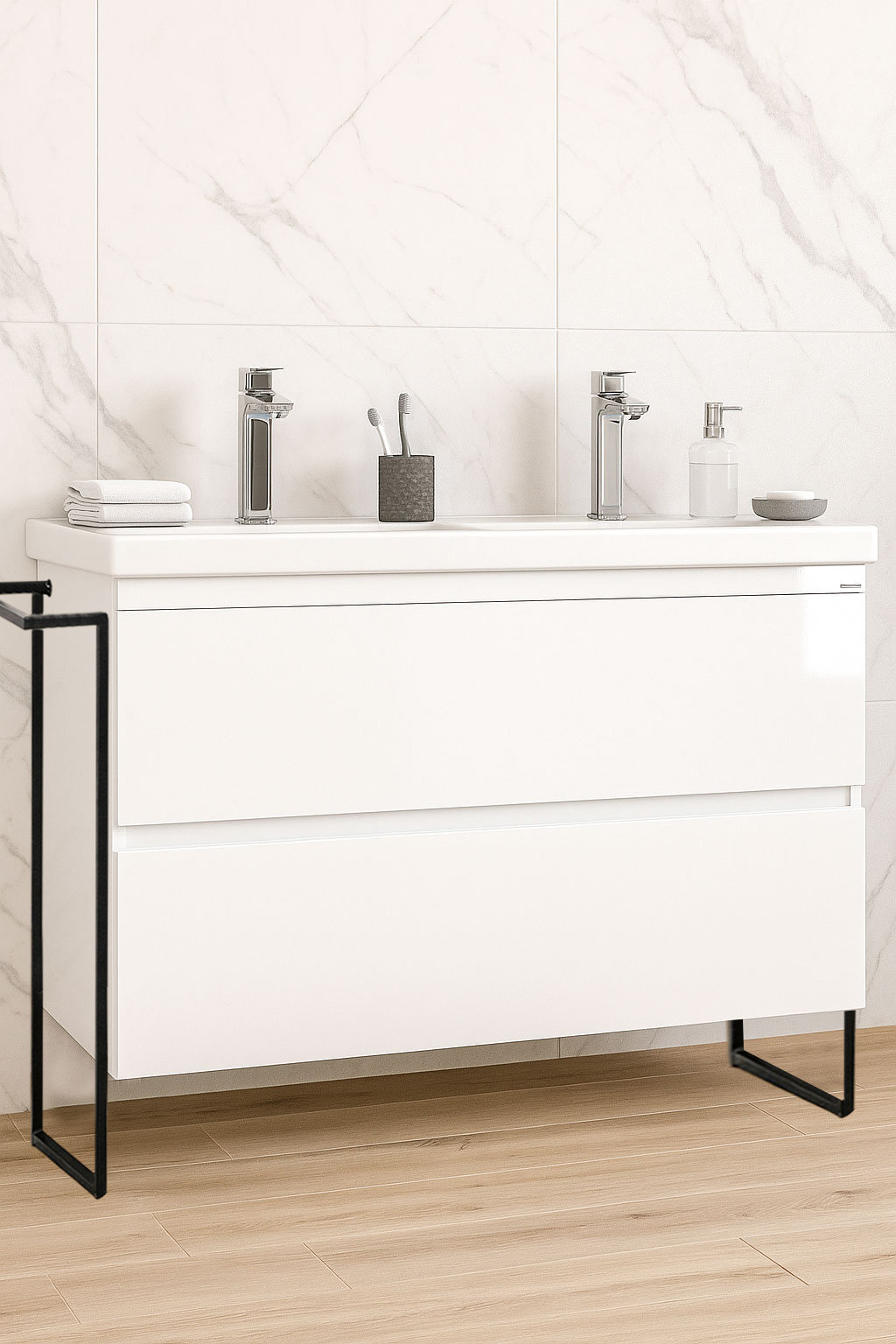 Mobilier Baie MDF și lavoar, Seria 286, Cadru Metalic, cu Sertare, 120cm, Alb