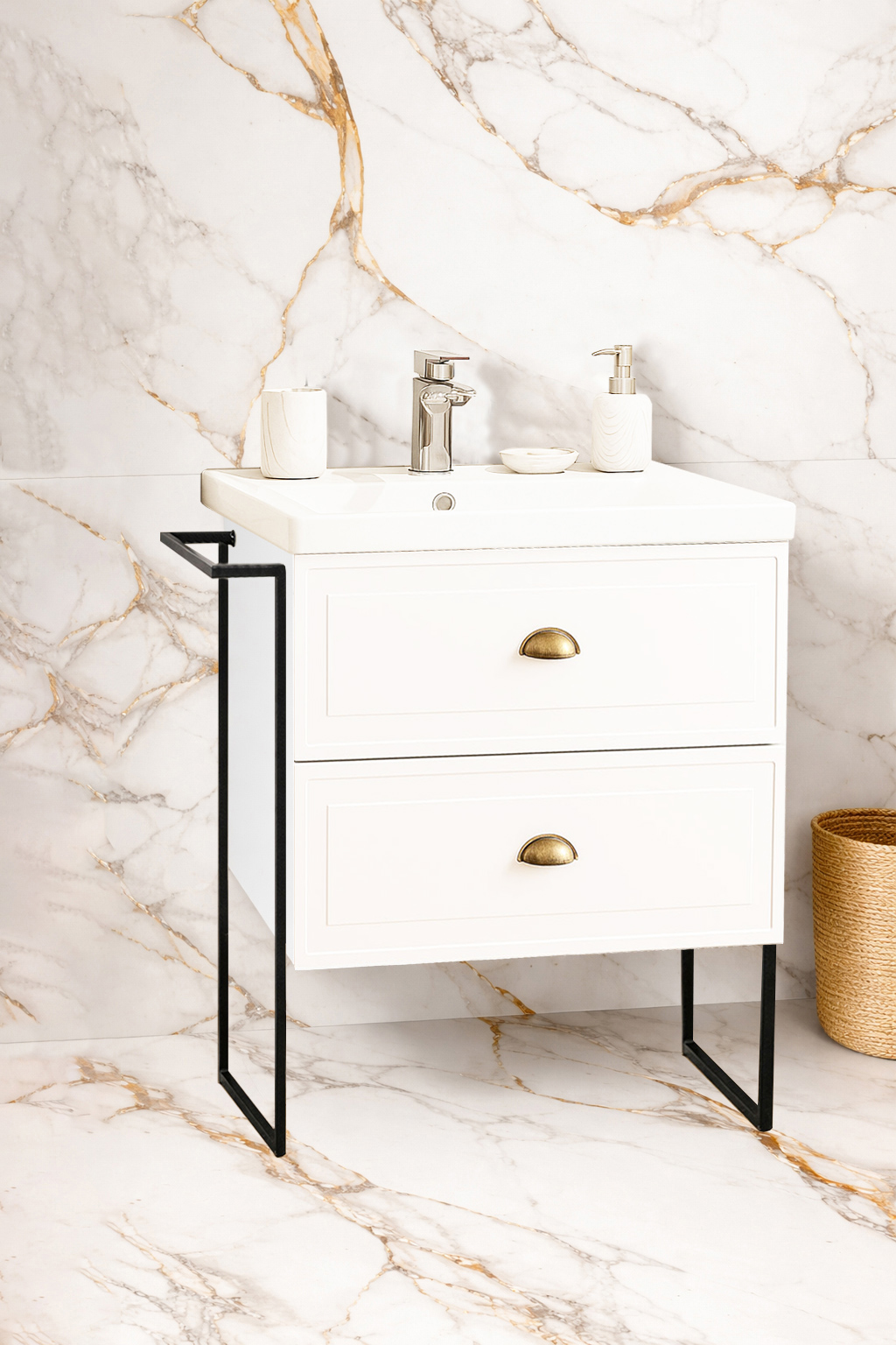 Mobilier Baie MDF și lavoar, Seria 796, Cadru Metalic, cu Sertare, 60cm, Alb rustic