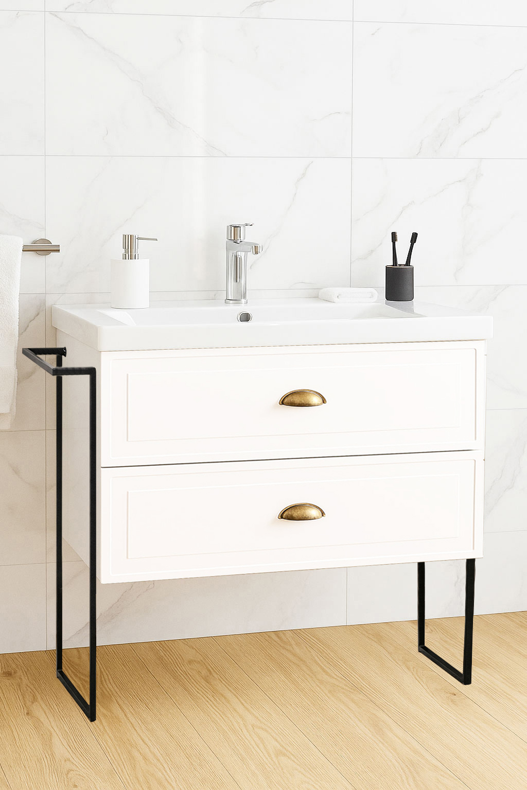 Mobilier Baie MDF și lavoar, Seria 796, Cadru Metalic, cu Sertare, 80cm, Alb rustic