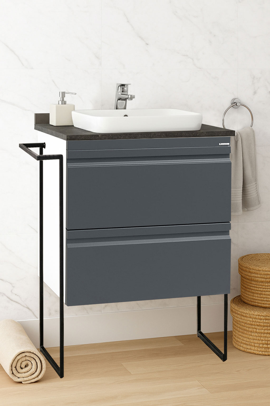 Mobilier Baie MDF Kit cu blat compozit și lavoar ceramică, Seria 686, Cadru Metalic, cu Sertare, 60cm, Antracit