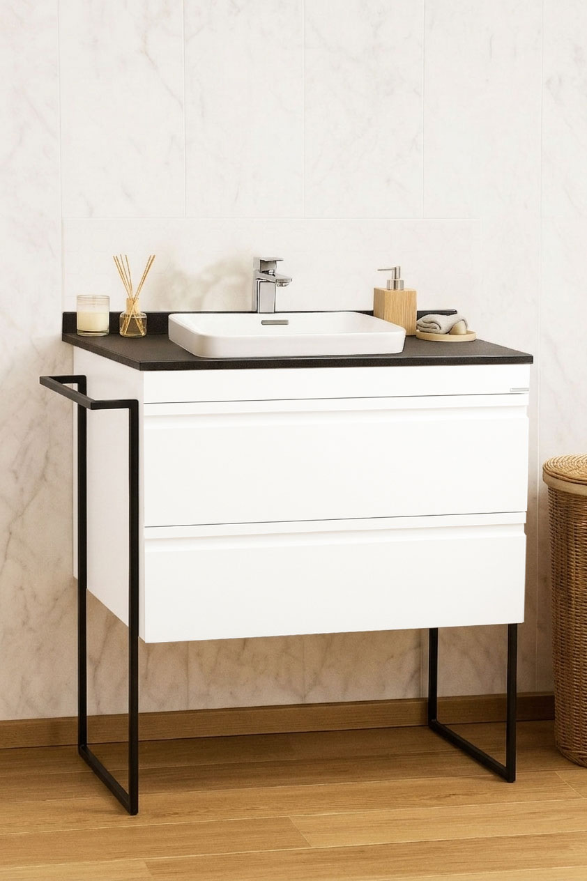 Mobilier Baie MDF cu blat compozit și lavoar ceramică, Seria 686, Cadru Metalic, cu Sertare, 80cm, Alb