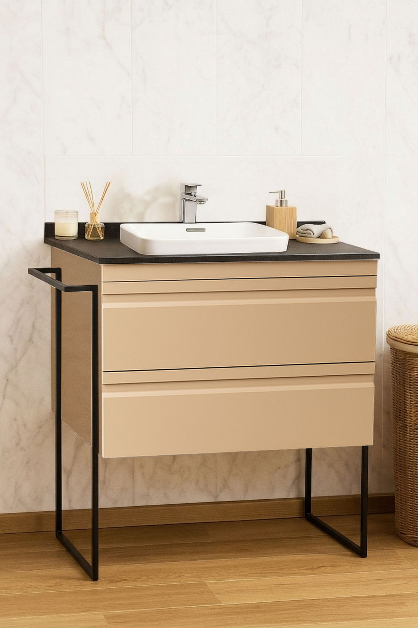 Mobilier Baie MDF cu blat compozit și lavoar ceramică, Seria 686, Cadru Metalic, cu Sertare, 80cm, Cappuccino